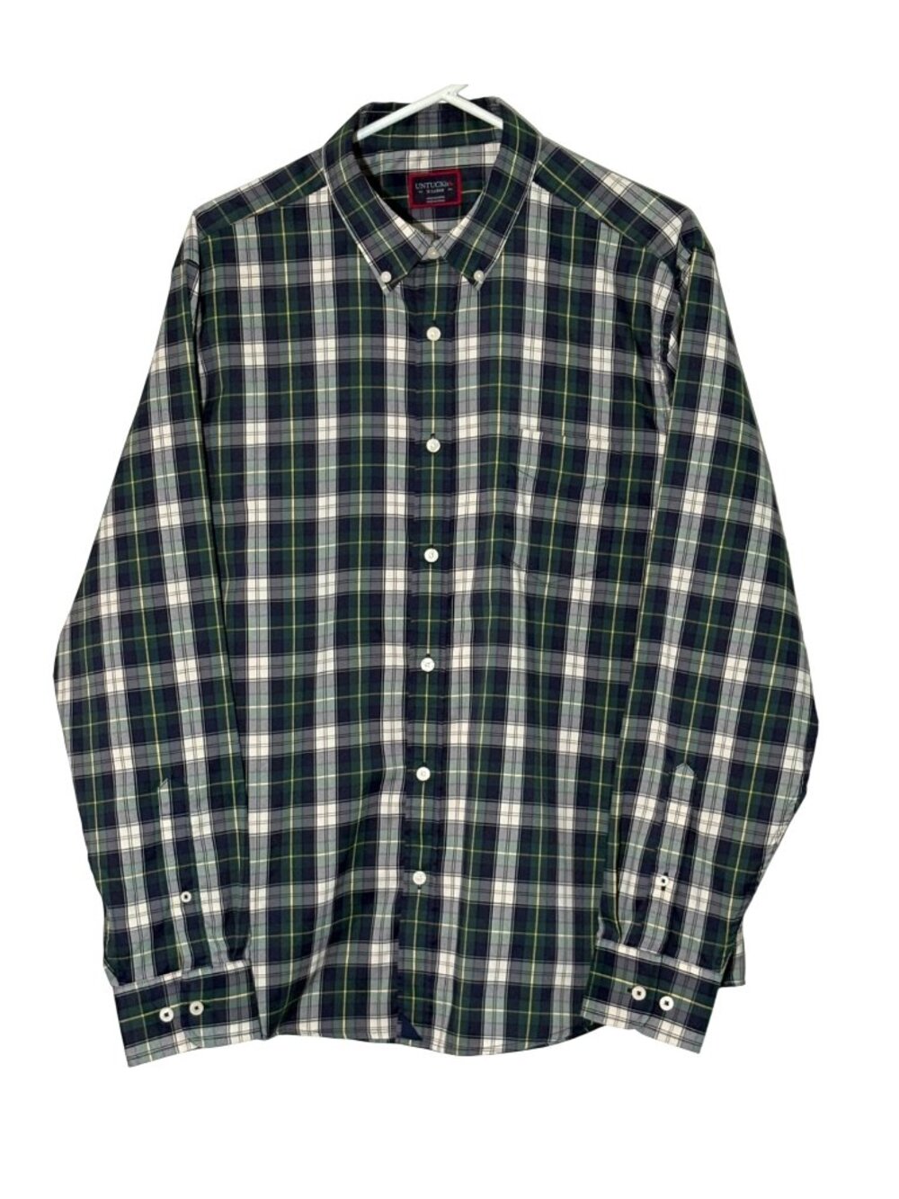 Untuckit Mens Green & Navy Plaid Button-Down Shirt X-Large L/S Wrinkle-Free